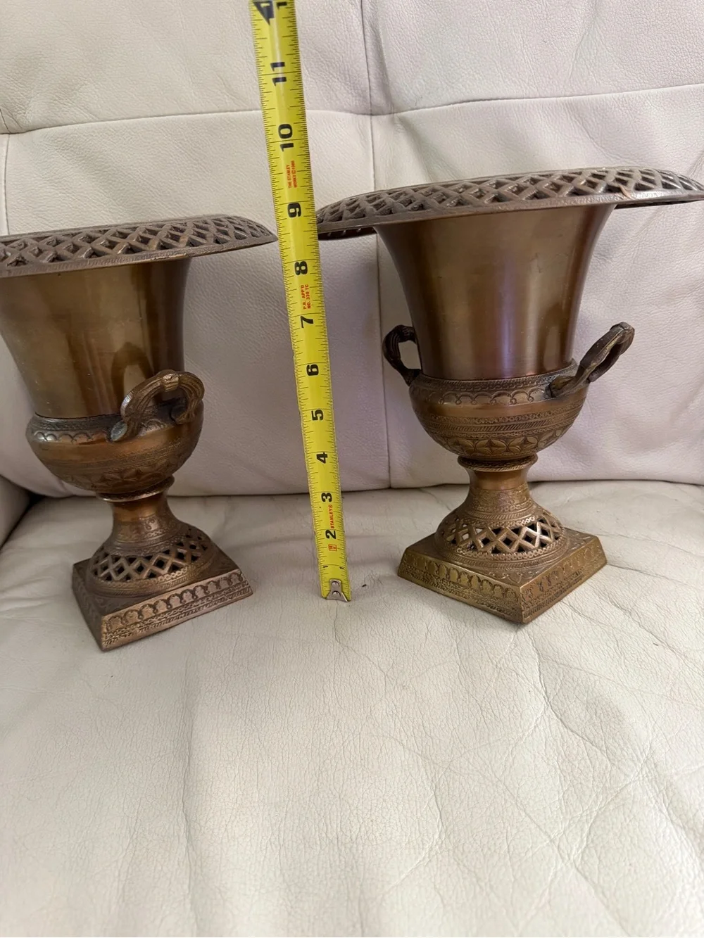 Vintage Brass Reticulated Trophy Urns Mantel Vases Pierced Pedestal Pair 9’’
